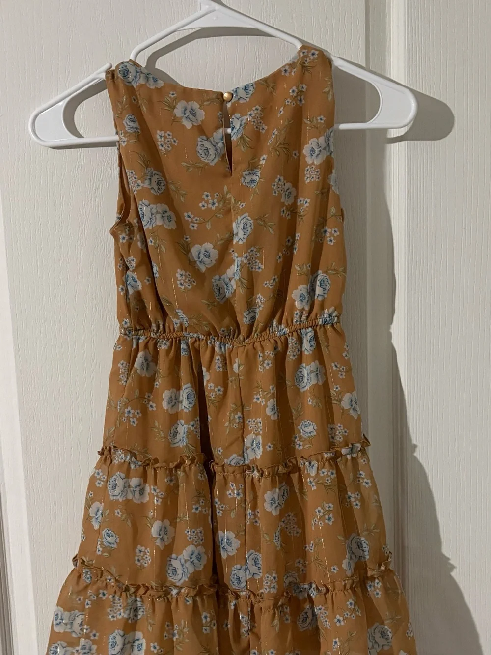 Trixxi Mustard Floral Tiered Girls' Dress with Blue Blooms